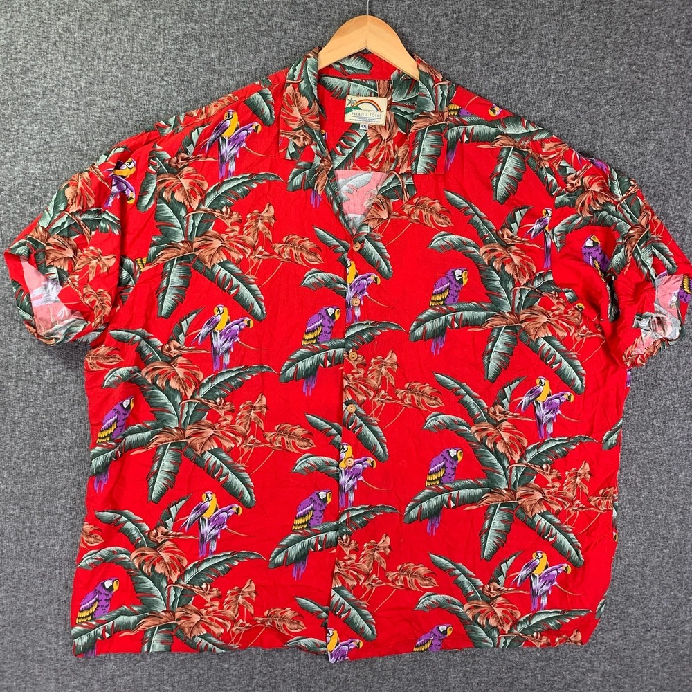 Vintage Paradise Found Shirt Men 4XL Magnum PI Parrot Floral Aloha Hawaiian Red